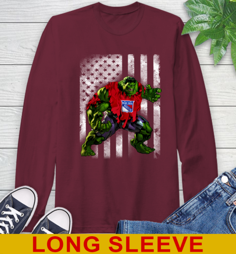 New York Rangers Hulk Marvel Avengers NHL Hockey American Flag Long Sleeve T-Shirt 7