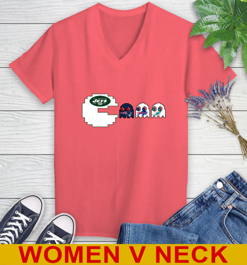 New York Jets NFL Football Pac Man Champion Women's V-Neck T-Shirt 7