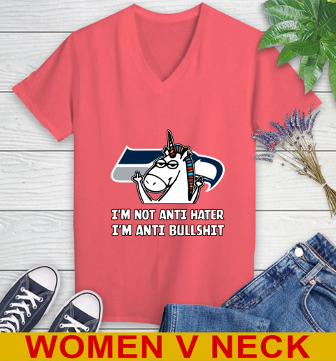 Seattle Seahawks NFL Football Unicorn I'm Not Anti Hater I'm Anti Bullshit Women's V-Neck T-Shirt 7