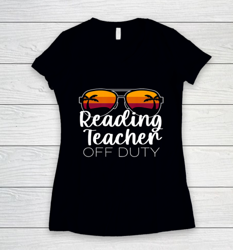 Reading Teacher Off Duty Sunglasses Beach Sunset Women's V-Neck T-Shirt