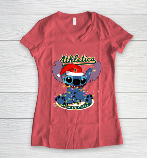 Oakland Athletics MLB noel stitch Baseball Christmas Women's V-Neck T-Shirt 3