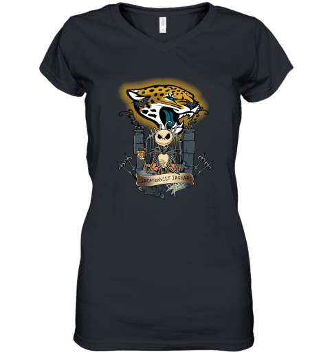 Jacksonville Jaguars Jack Skellington This Is Halloween NFL Women's V-Neck T-Shirt