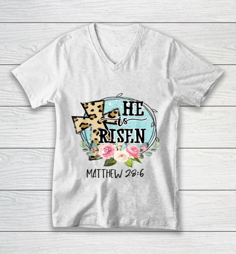 He is Risen Jesus Christian Happy Easter Floral Wreath V-Neck T-Shirt