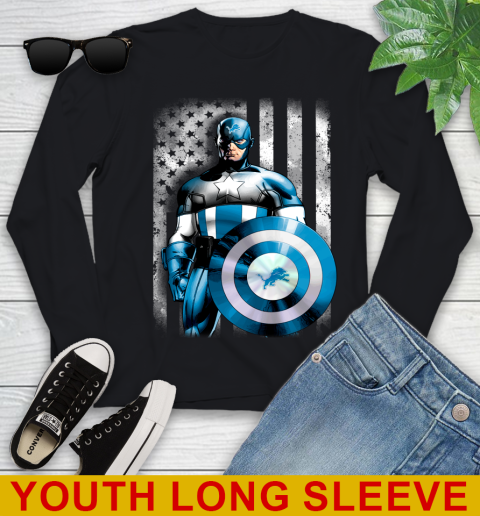 Detroit Lions NFL Football Captain America Marvel Avengers American Flag Shirt Youth Long Sleeve