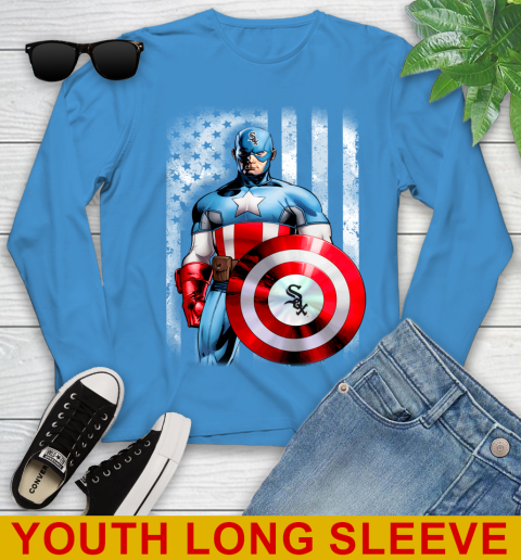 Chicago White Sox MLB Baseball Captain America Marvel Avengers American Flag Shirt Youth Long Sleeve 8