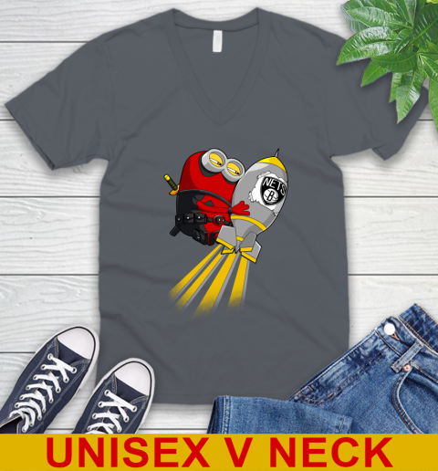 NBA Basketball Brooklyn Nets Deadpool Minion Marvel Shirt V-Neck T-Shirt 4