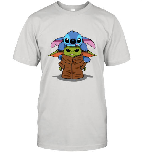 Stitch Climbing On Baby Yoda Star Wars Unisex Jersey Tee
