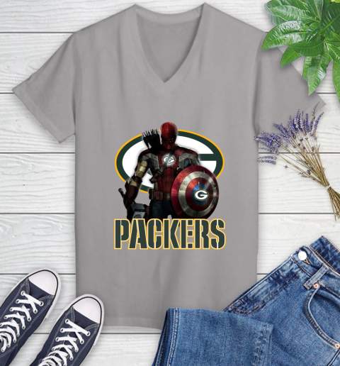 NFL Captain America Thor Spider Man Hawkeye Avengers Endgame Football Green Bay Packers Women's V-Neck T-Shirt 4
