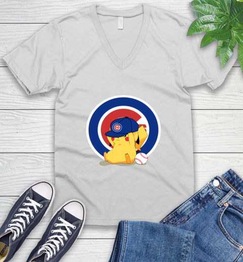 MLB Pikachu Baseball Sports Chicago Cubs V-Neck T-Shirt