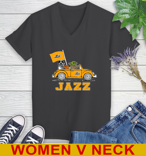 NBA Basketball Utah Jazz Darth Vader Baby Yoda Driving Star Wars Shirt Women's V-Neck T-Shirt 9