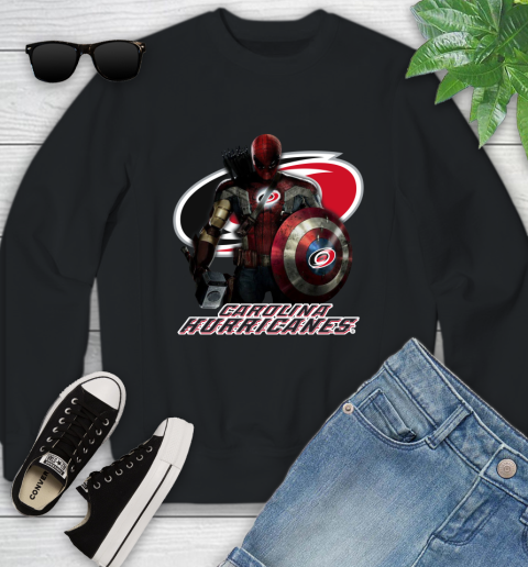NHL Captain America Thor Spider Man Hawkeye Avengers Endgame Hockey Carolina Hurricanes Youth Sweatshirt 2