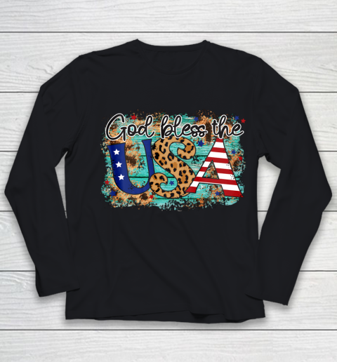 God Bless the USA Stars Stripes and Leopard Print Youth Long Sleeve