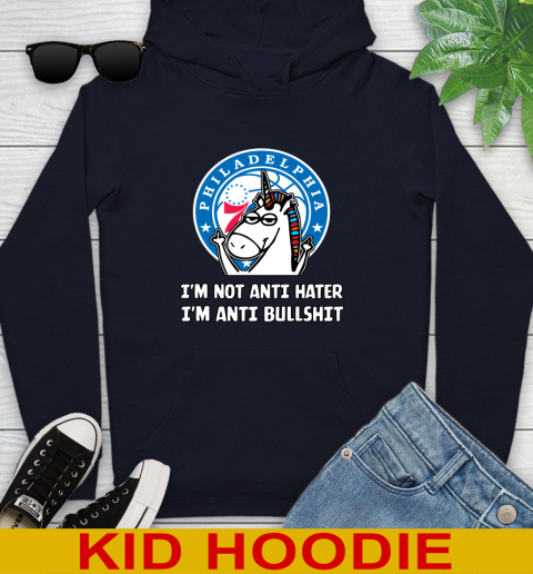Philadelphia 76ers NBA Basketball Unicorn I'm Not Anti Hater I'm Anti Bullshit Youth Hoodie - Image 5