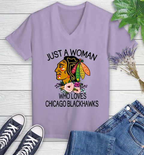 NHL Just A Woman Who Loves Chicago Blackhawks Hockey Sports Women's V-Neck T-Shirt 9