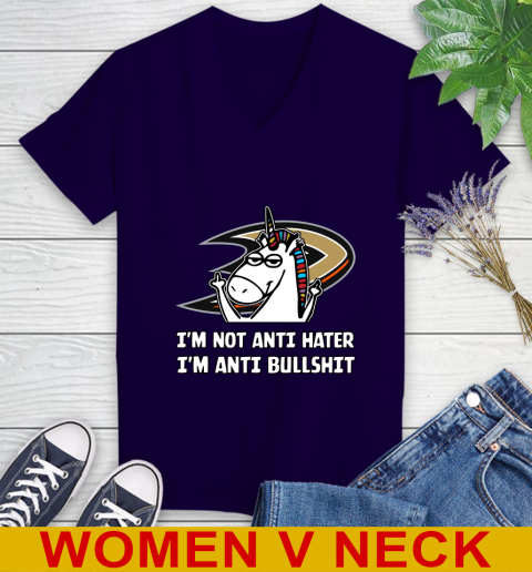 Anaheim Ducks NHL Hockey Unicorn I'm Not Anti Hater I'm Anti Bullshit Women's V-Neck T-Shirt 4