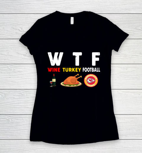 Kansas City Chiefs Giving Day WTF Wine Turkey Football NFL Women's V-Neck T-Shirt
