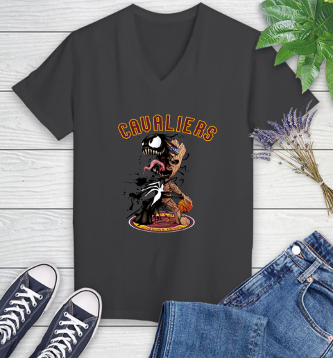 NBA Cleveland Cavaliers Basketball Venom Groot Guardians Of The Galaxy Women's V-Neck T-Shirt 8