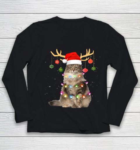 Reindeer Norwegian Forest Cat Santa Hat Christmas Light Xmas Youth Long Sleeve