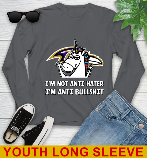 Baltimore Ravens NFL Football Unicorn I'm Not Anti Hater I'm Anti Bullshit Youth Long Sleeve 9