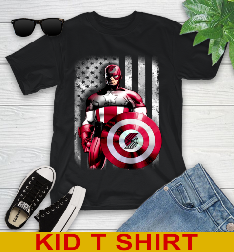 Portland Trail Blazers NBA Basketball Captain America Marvel Avengers American Flag Shirt Youth T-Shirt