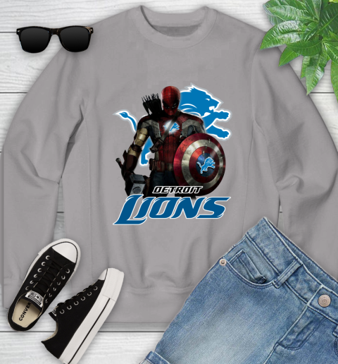 NFL Captain America Thor Spider Man Hawkeye Avengers Endgame Football Detroit Lions Youth Sweatshirt 4
