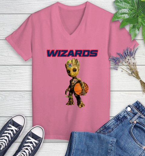 Washington Wizards NBA Basketball Groot Marvel Guardians Of The Galaxy Women's V-Neck T-Shirt 13