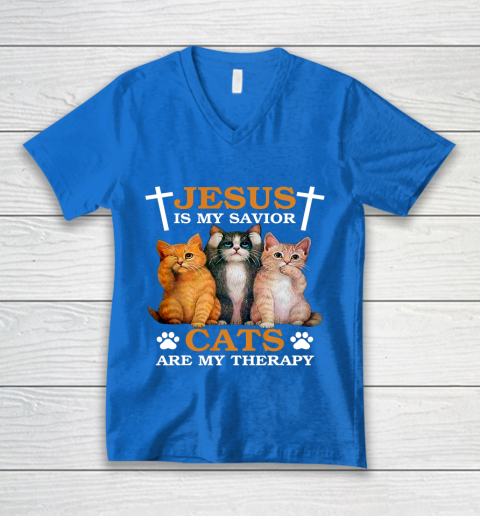 Jesus is My Savior Cat are My Therapy Christians Cat Lover V-Neck T-Shirt 5