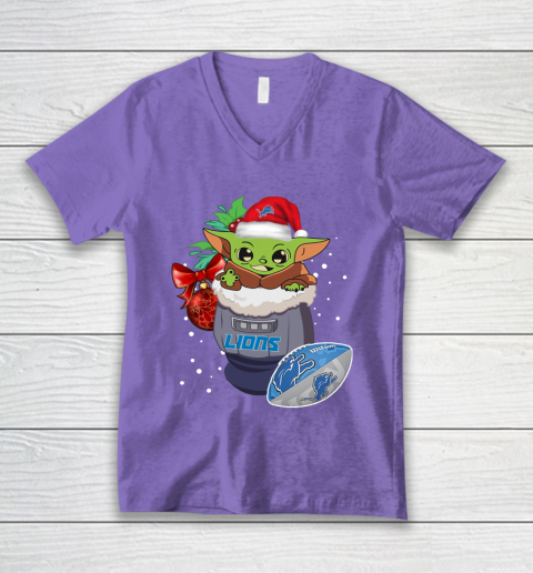 Detroit Lions Christmas Baby Yoda Star Wars Funny Happy NFL V-Neck T-Shirt 9