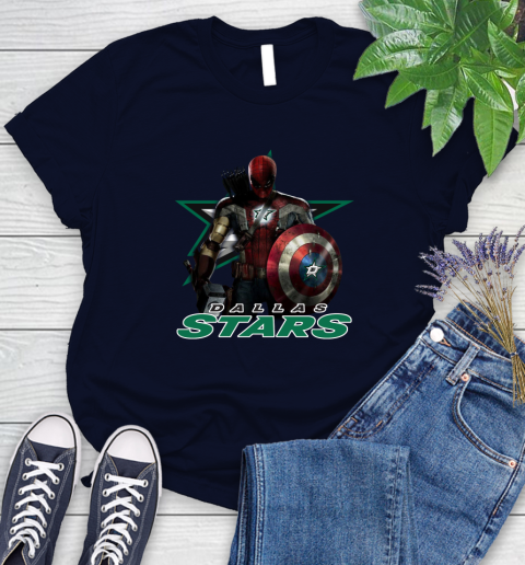 NHL Captain America Thor Spider Man Hawkeye Avengers Endgame Hockey Dallas Stars Women's T-Shirt 3