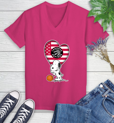 Toronto Raptors NBA Basketball The Peanuts Movie Adorable Snoopy Women's V-Neck T-Shirt 9