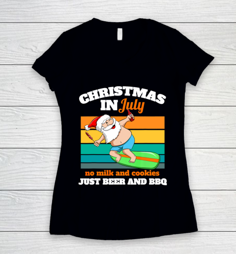 Surfer Santa Beer And BBQ Xmas Party Beach Christmas In July Women's V-Neck T-Shirt