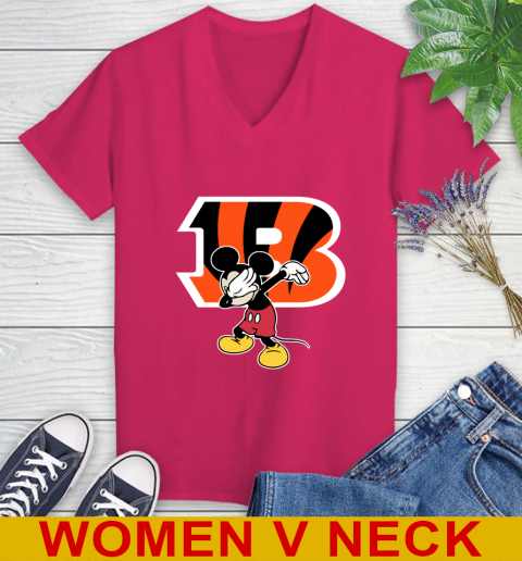 Cincinnati Bengals NFL Football Dabbing Mickey Disney Sports Women's V-Neck T-Shirt 10