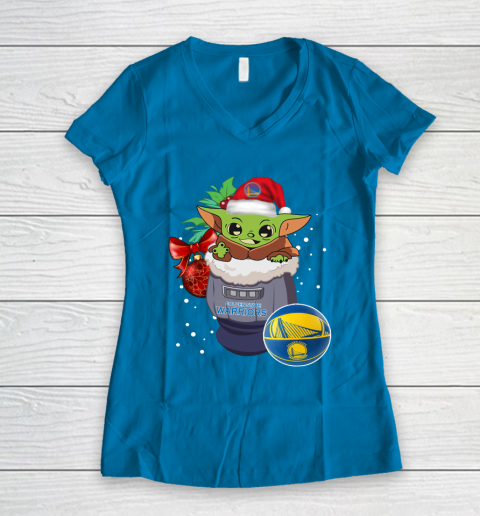 Golden State Warriors Christmas Baby Yoda Star Wars Funny Happy NBA Women's V-Neck T-Shirt 7