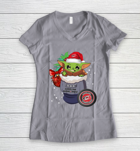 Carolina Hurricanes Christmas Baby Yoda Star Wars Funny Happy NHL Women's V-Neck T-Shirt 4