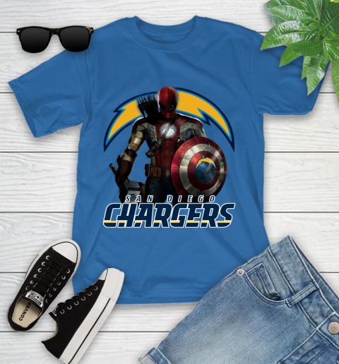 NFL Captain America Thor Spider Man Hawkeye Avengers Endgame Football San Diego Chargers Youth T-Shirt 9