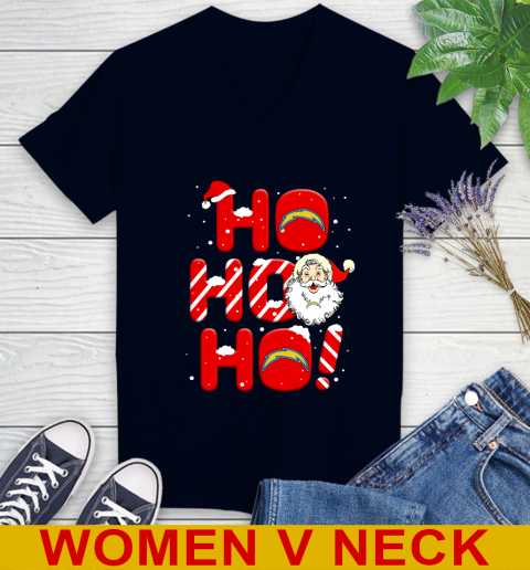 Los Angeles Chargers NFL Football Ho Ho Ho Santa Claus Merry Christmas Shirt Women's V-Neck T-Shirt 2