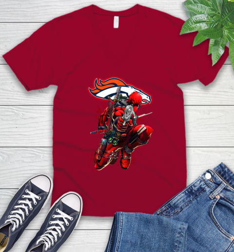 NFL Deadpool Marvel Comics Sports Football Denver Broncos V-Neck T-Shirt 8