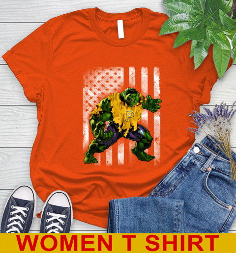Pittsburgh Pirates Hulk Marvel Avengers MLB Baseball American Flag Women's T-Shirt 3