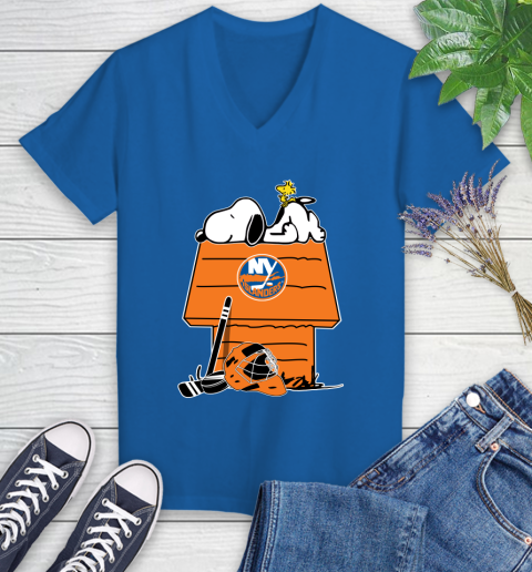 New York Islanders NHL Hockey Snoopy Woodstock The Peanuts Movie (1) Women's V-Neck T-Shirt 10