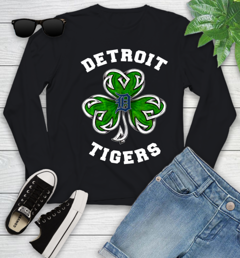 MLB Detroit Tigers Three Leaf Clover St Patrick's Day Baseball Sports Youth Long Sleeve