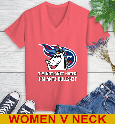 Tennessee Titans NFL Football Unicorn I'm Not Anti Hater I'm Anti Bullshit Women's V-Neck T-Shirt 7