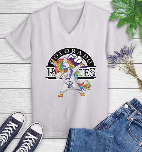Colorado Rockies MLB Baseball Funny Unicorn Dabbing Sports Women's V-Neck T-Shirt