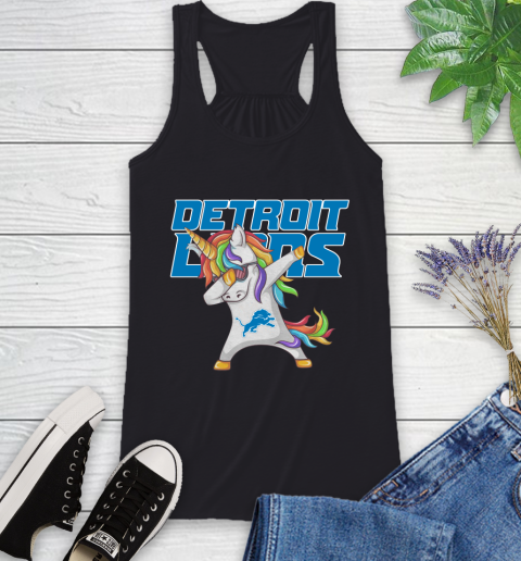 Detroit Lions NFL Football Funny Unicorn Dabbing Sports Racerback Tank 2