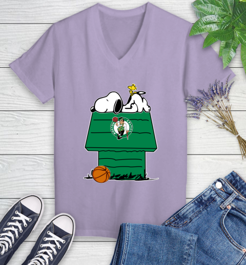 Boston Celtics NBA Basketball Snoopy Woodstock The Peanuts Movie Women's V-Neck T-Shirt 14