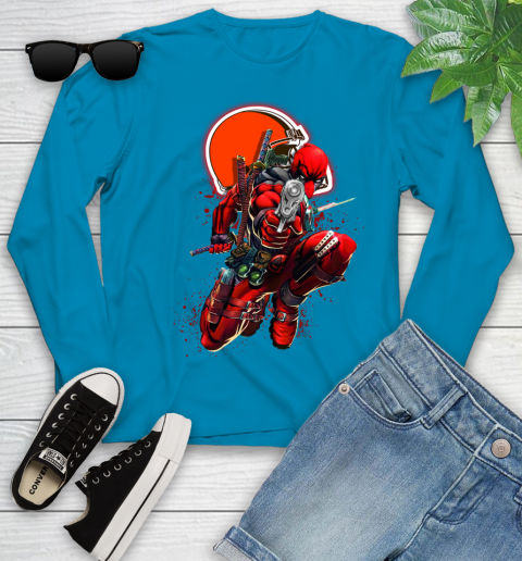 NFL Deadpool Marvel Comics Sports Football Cleveland Browns Youth Long Sleeve 7