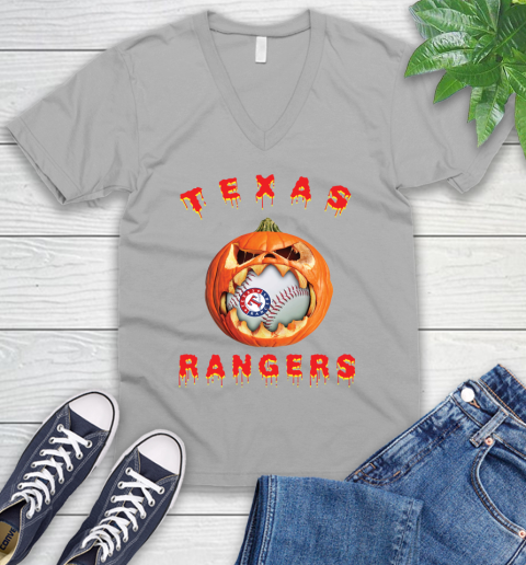 MLB Texas Rangers Halloween Pumpkin Baseball Sports V-Neck T-Shirt 4