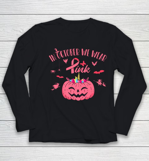 In October We Wear Pink Pumpkin Halloween Breast Cancer Gift Youth Long Sleeve