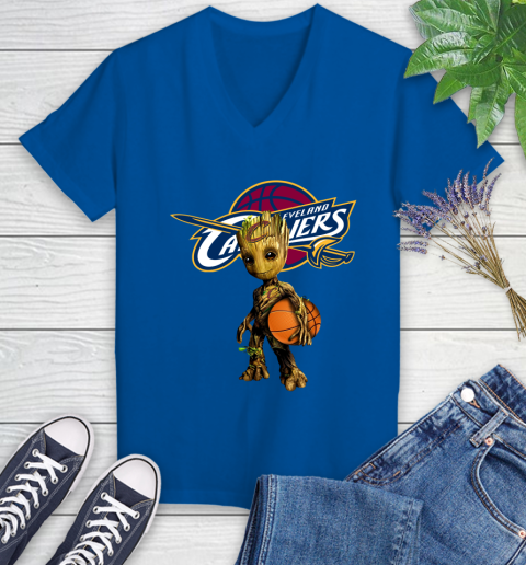 Cleveland Cavaliers NBA Basketball Groot Marvel Guardians Of The Galaxy Women's V-Neck T-Shirt 10