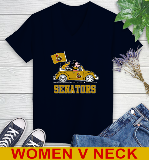 NHL Hockey Ottawa Senators Pluto Mickey Driving Disney Shirt Women's V-Neck T-Shirt 3