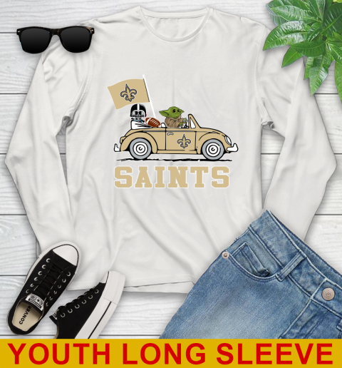 NFL Football New Orleans Saints Darth Vader Baby Yoda Driving Star Wars Shirt Youth Long Sleeve 12